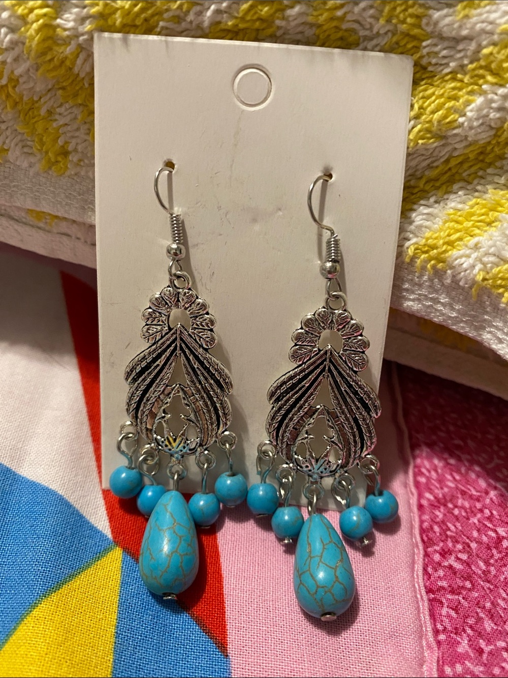 NEW Silver Feather Teardrop Earrings with Turquoise Beads 🖤🖤